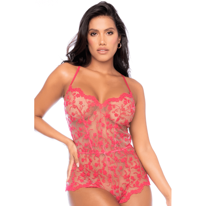 Combishort en dentelle transparente couleur cerise-Mapalé